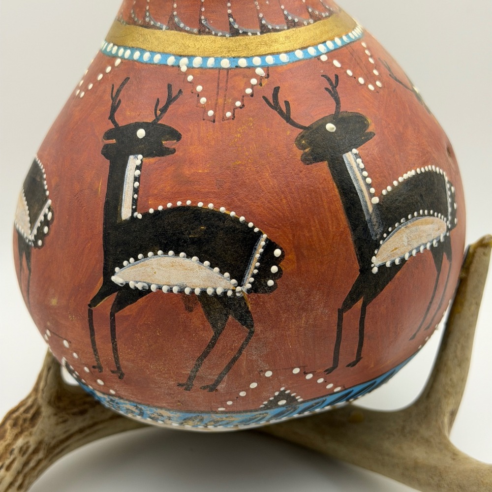 Southwestern Hand-Painted Gourd Vase Antler Base Rustic Lodge Decor Folk Art - Picture 5 of 11